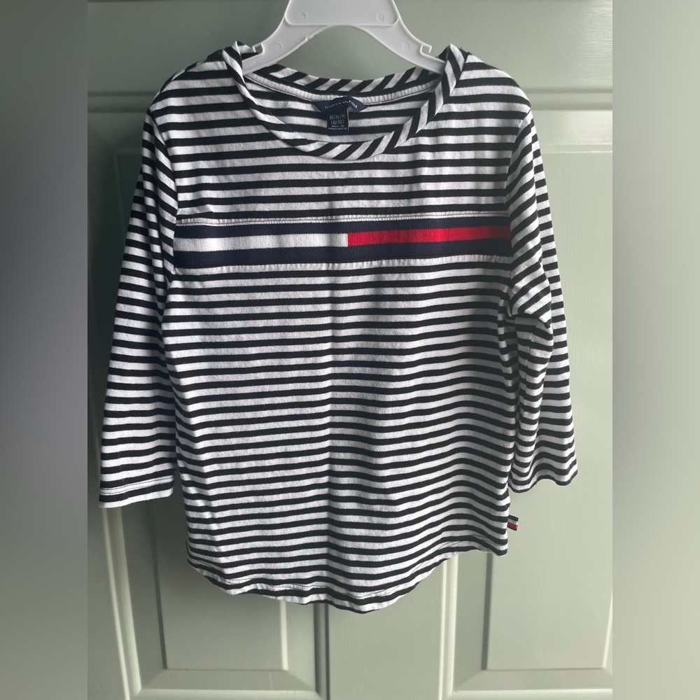 Girls Medium Tommy Hilfiger Striped Logo top blouse shirt 3/4 sleeve 8 10